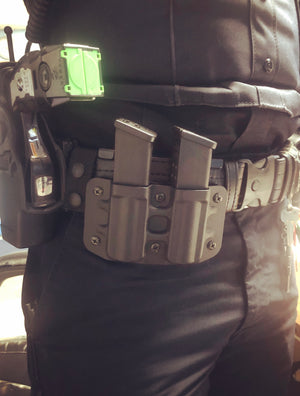 Double Mag Pouch Carrier holder for 9mm, 40 cal, 357, surefire flashlight, asp baton, oc pepper spray, police gear holder. For duty belts, Patrol belts, MOLLE PALS webbing, backpacks.